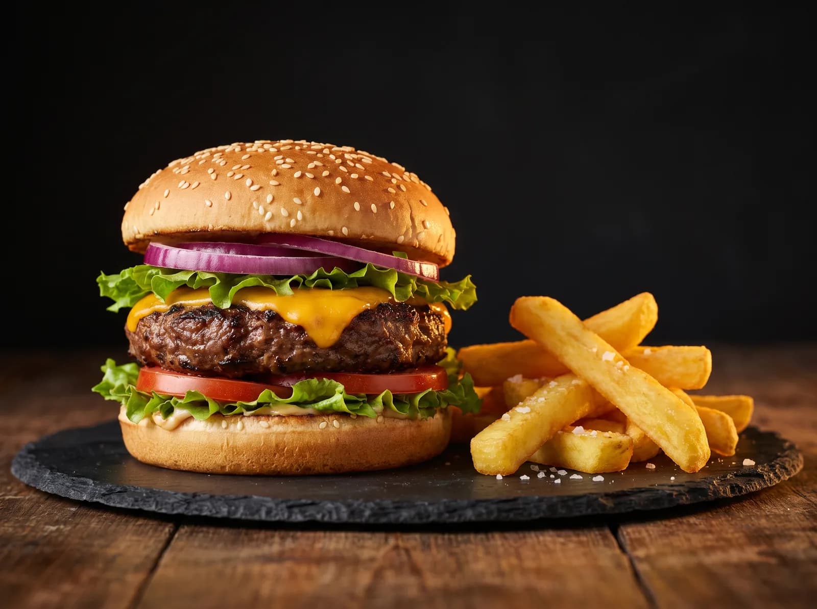 A loaded beef burger with fries