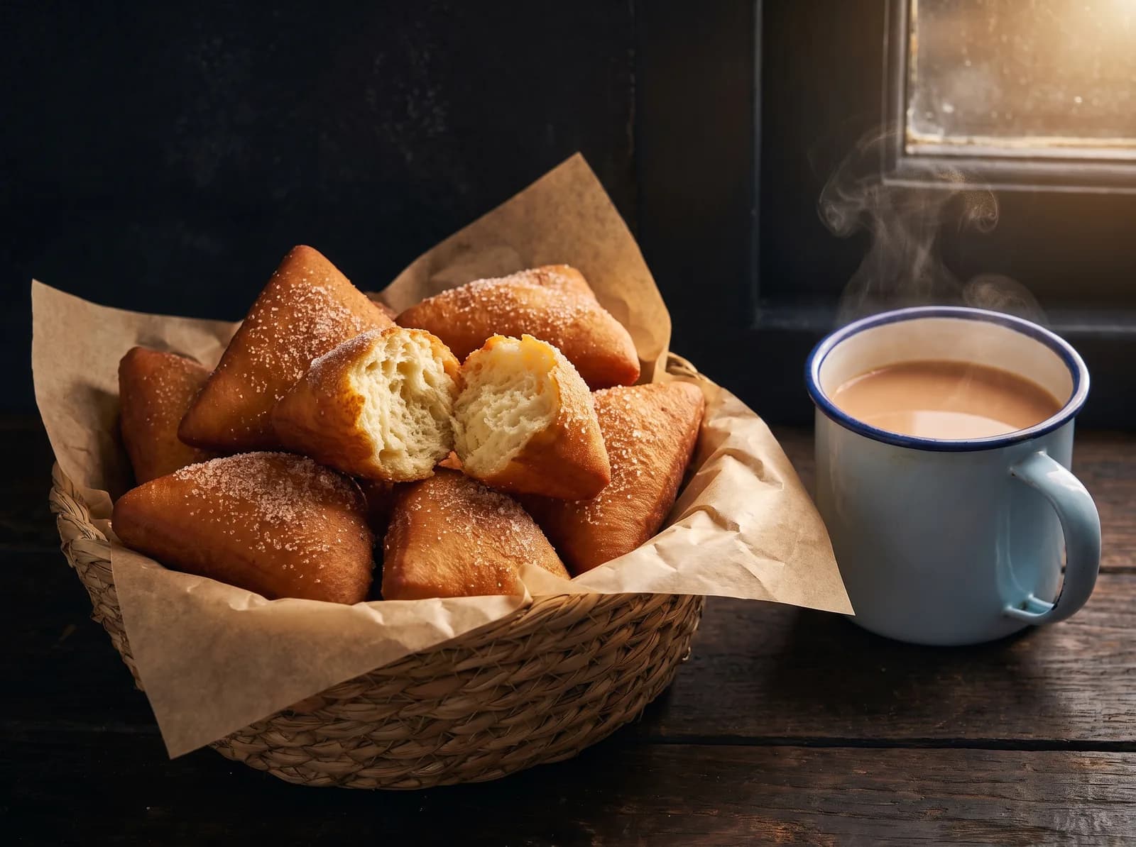 Freshly fried mandazi in a woven basket