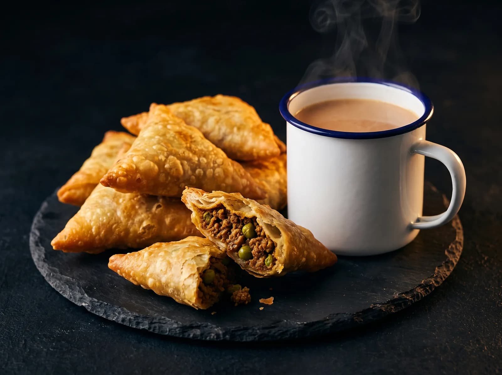Beef samosas beside a mug of African tea