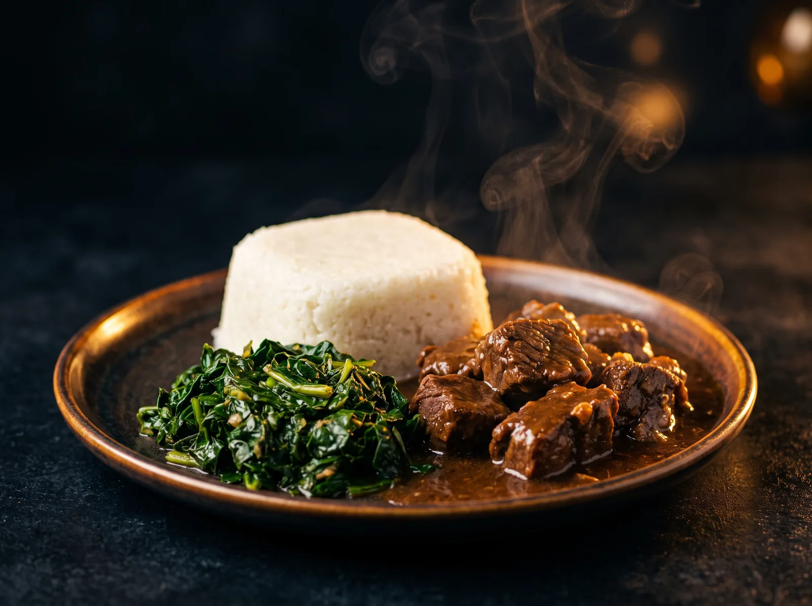A plate of ugali, sukuma wiki and beef