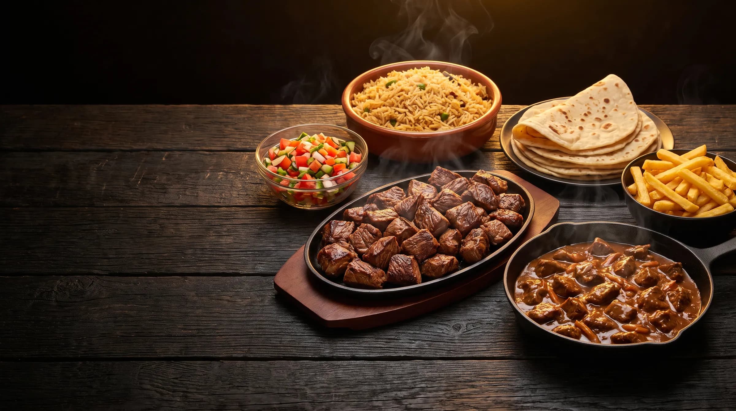 A Mi Gusto spread of pilau, beef wet fry, chapati and kachumbari